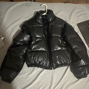 faux leather bomber puffer jacket